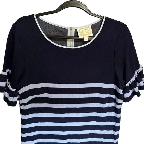 Sail To Sable NWOT Striped Tee Shirt Dress Ruffle Short Sleeve Blue Size Large - Picture 2 of 12